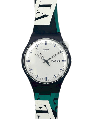 Swatch watch with a colorful strap on a white background