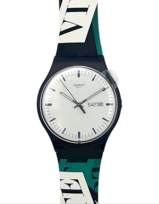 Swatch watch with a colorful strap on a white background