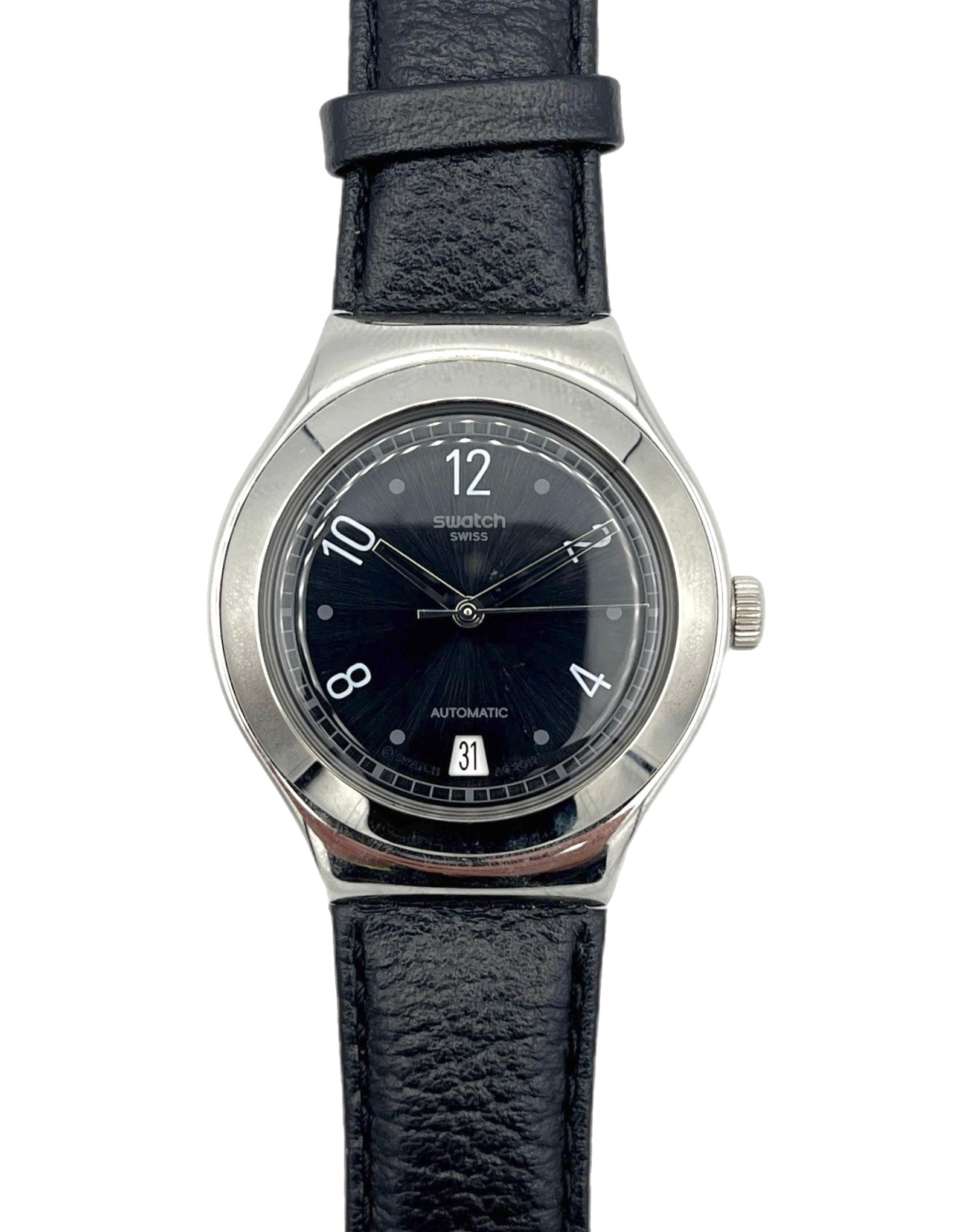 Wristwatch with black leather strap and dark face on a white background