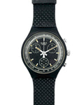 Black Swatch watch with detailed face on a white background