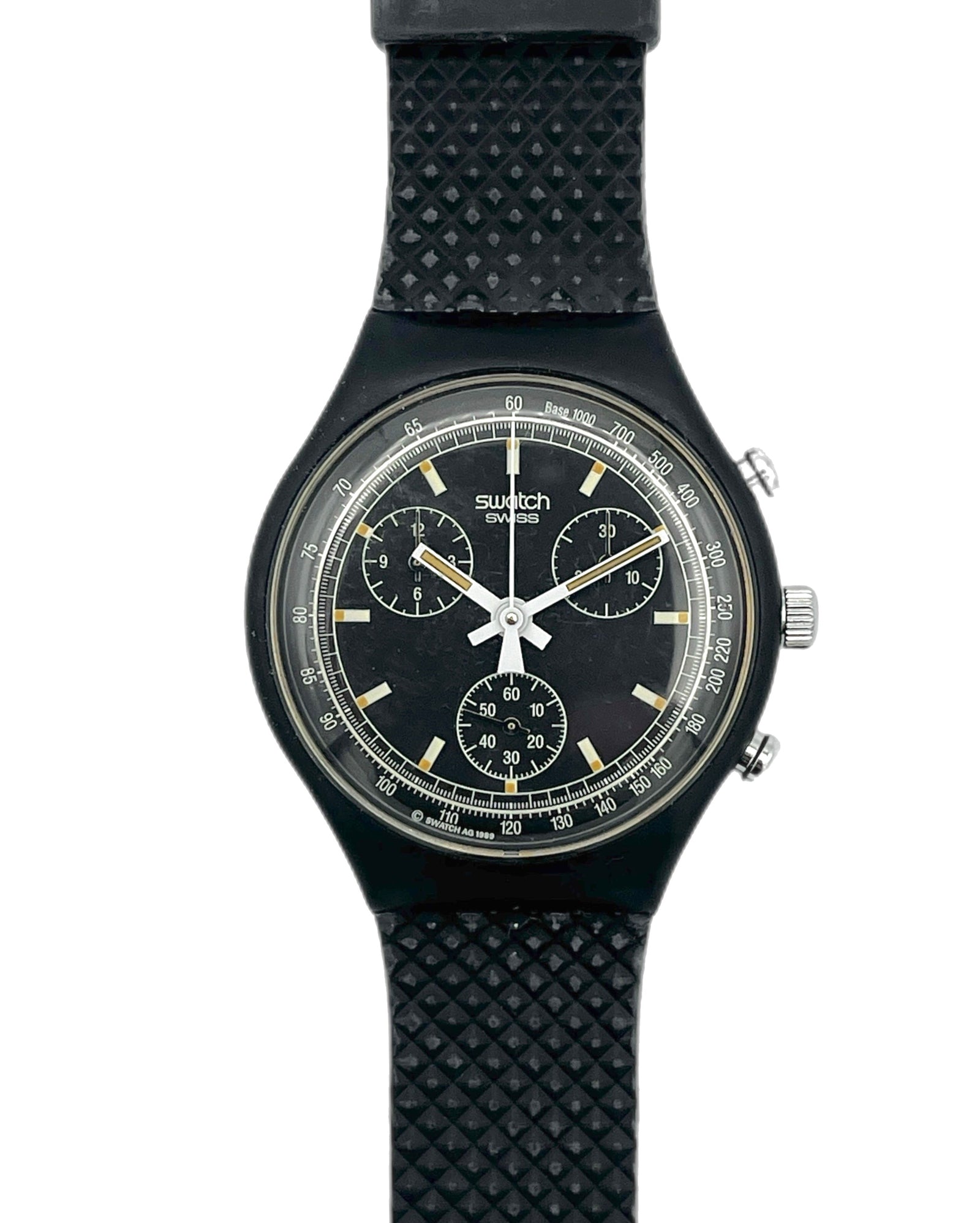 Black Swatch watch with detailed face on a white background