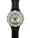 Wristwatch with a black leather strap and colorful dial on a white background