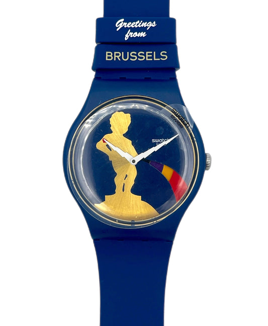 Blue watch with a statue design on the face, featuring 'Greetings from Brussels' text.
