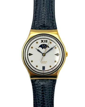 Gold watch with a white face and blue strap on a white background