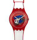 Red and white watch with a transparent face on a white background