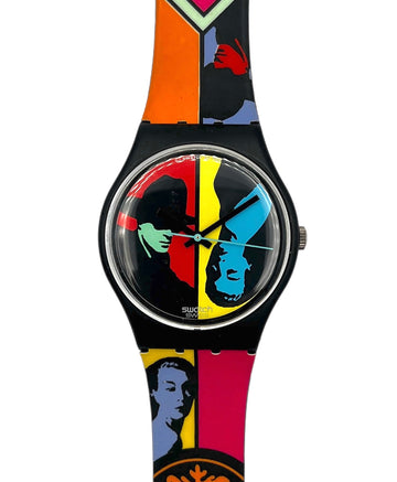 Colorful watch with artistic design on a white background