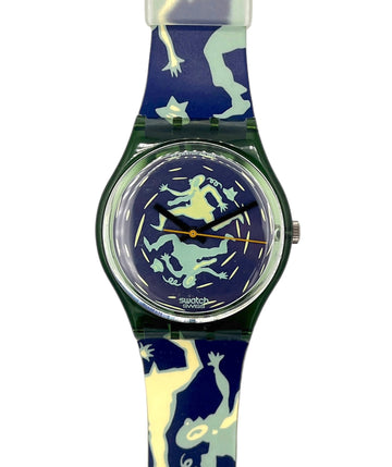 Swatch watch with a blue and white design on a white background