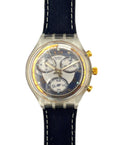 Wristwatch with black strap and clear case on a white background