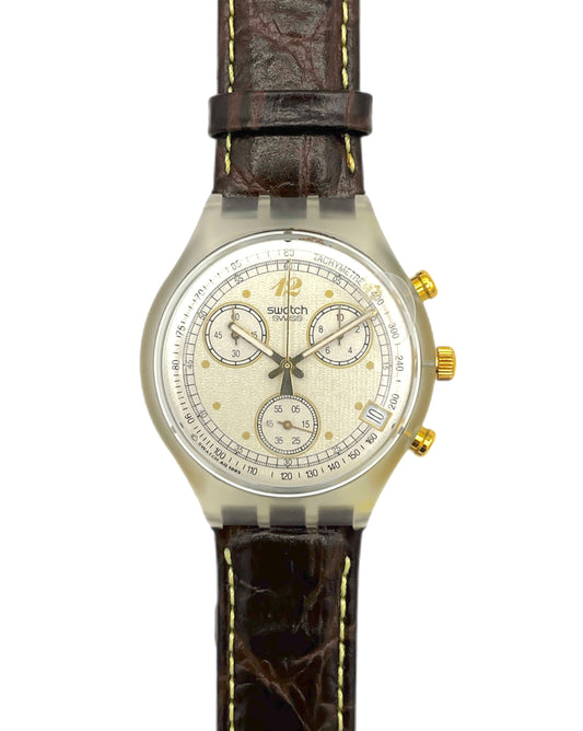 Swatch watch with brown leather strap on a white background