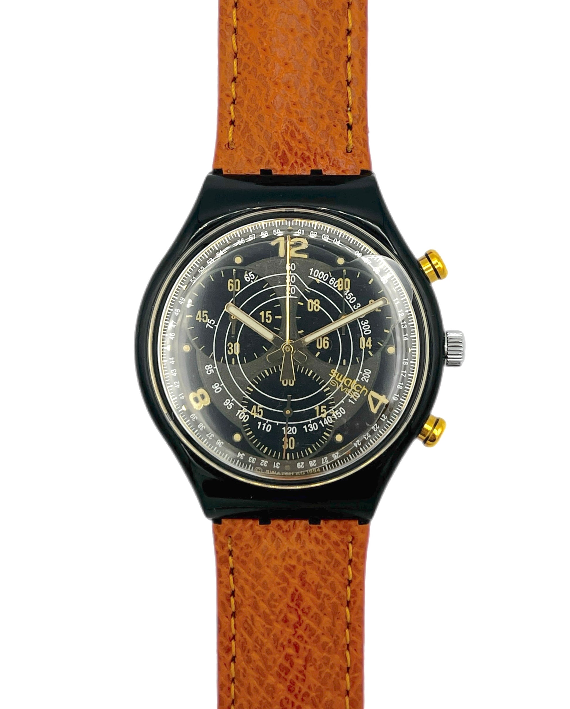 Watch with a brown leather strap on a white background
