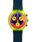 Colorful Swatch watch with a blue strap on a white background