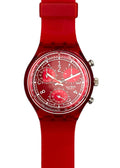 A Swatch Swatch Red analog watch with a translucent red strap, red case, and a detailed red dial with white markings and sub-dials.