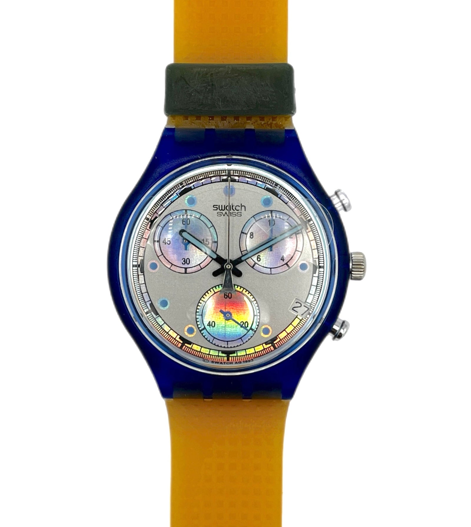 Watch with blue case and yellow strap on a white background