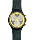Swatch wristwatch with a black case, textured dark green strap, and a gold-tone dial featuring three silver subdials.