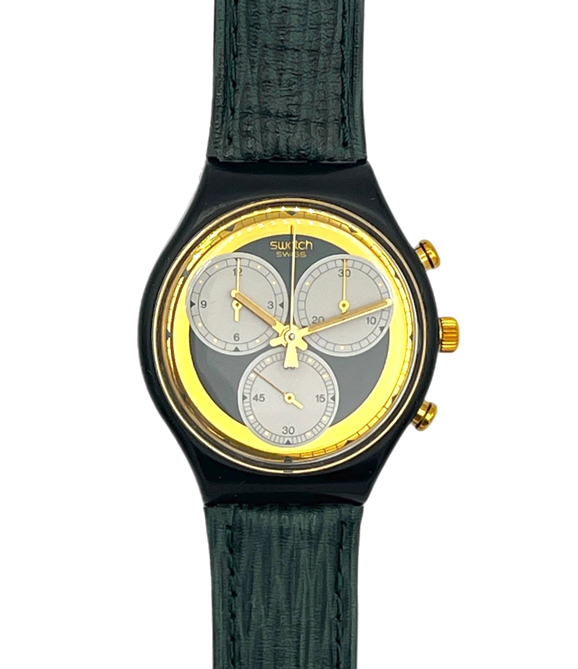 Swatch wristwatch with a black case, textured dark green strap, and a gold-tone dial featuring three silver subdials.