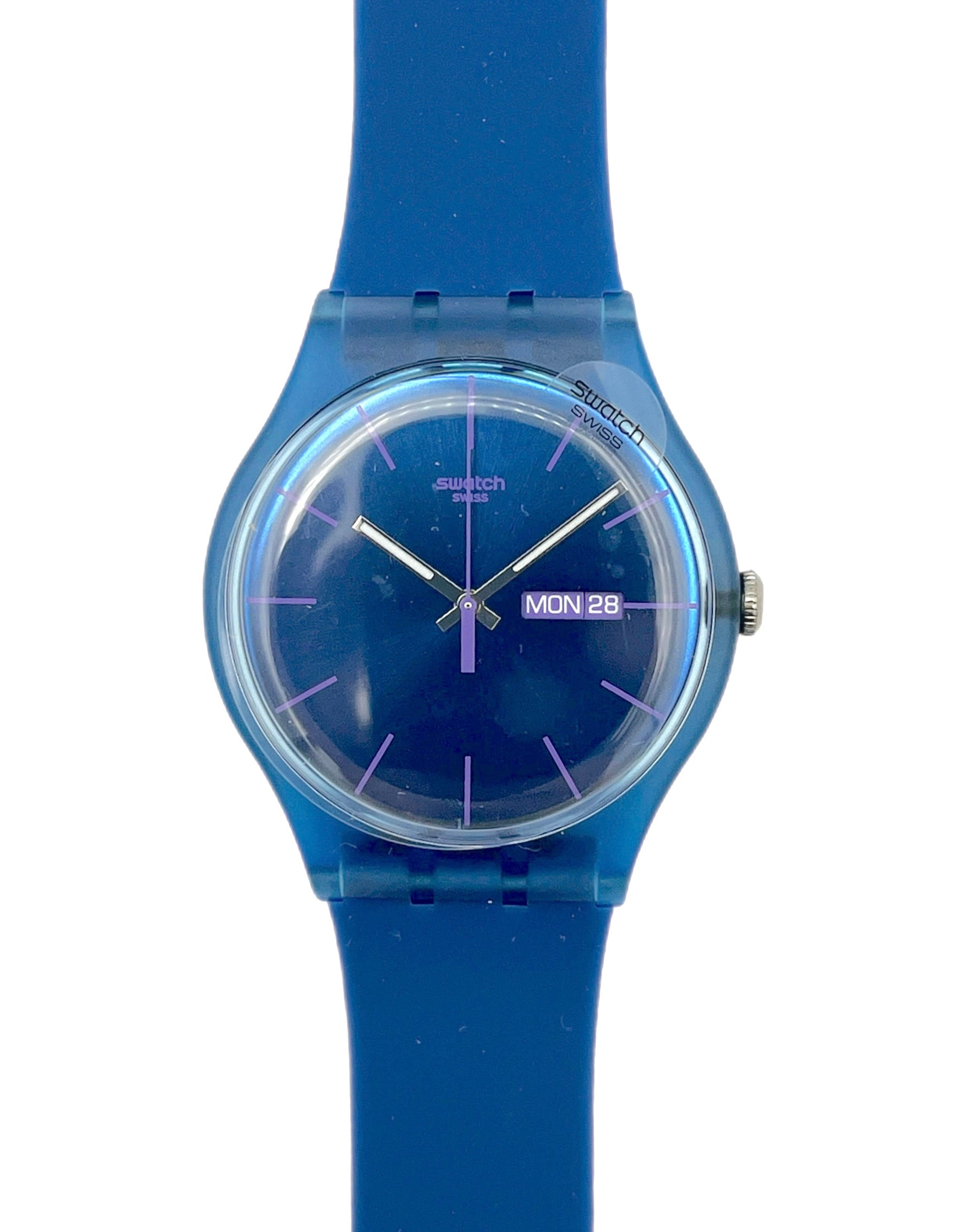Blue Swatch watch on a white background