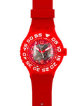 A red Swatch wristwatch with a matching red silicone strap and a skeleton dial showing the inner movement, set against a plain white background.