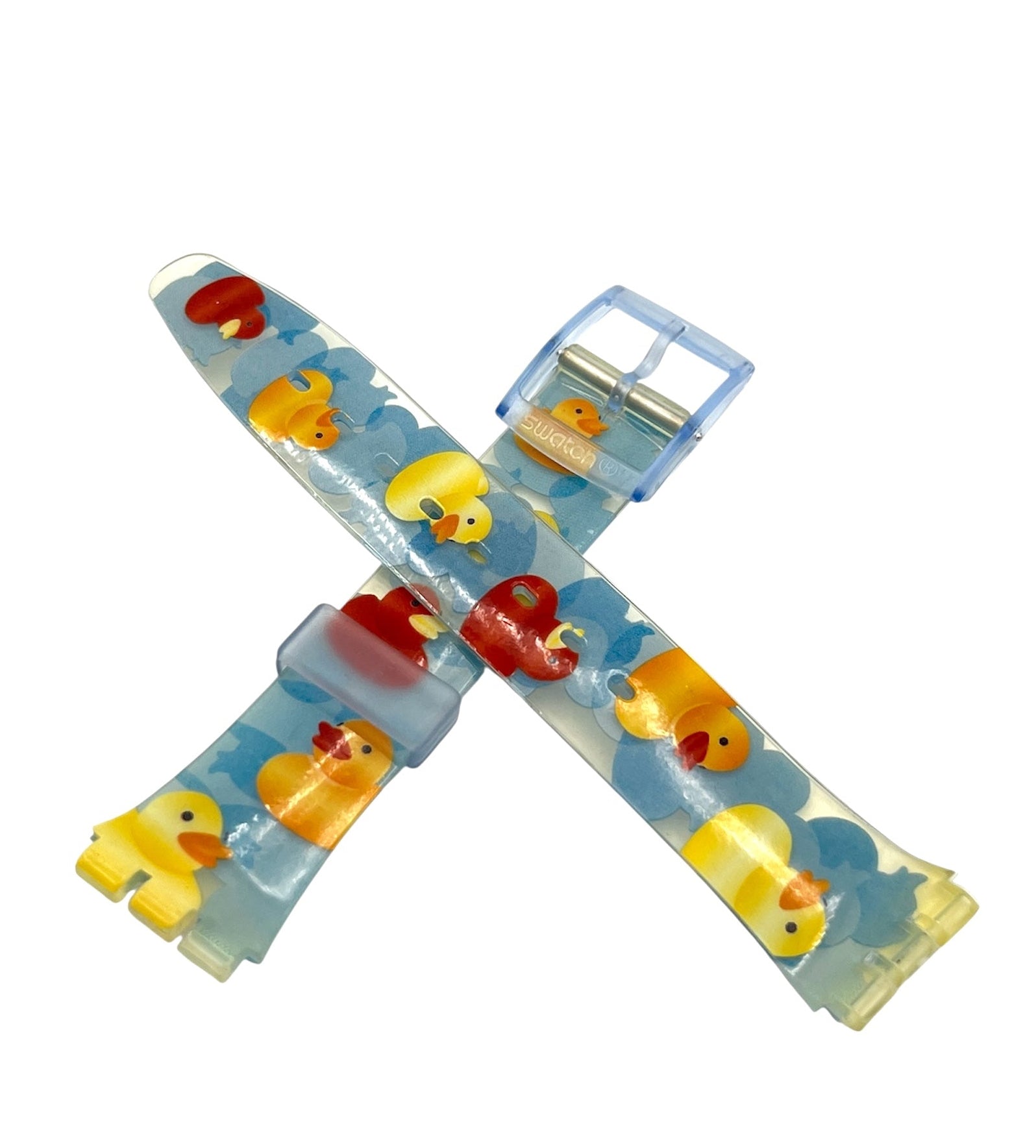 Two colorful rubber duck clips on a white background