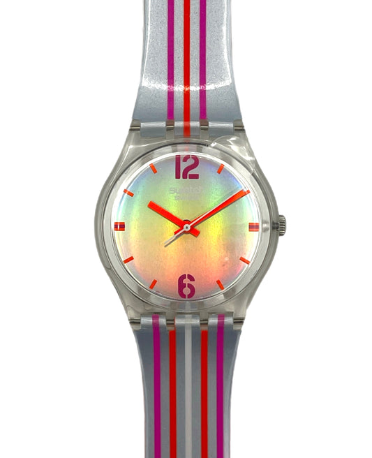 Wristwatch with colorful face and striped band on a white background