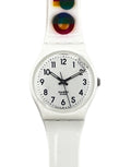 White Swatch watch with colorful band on a white background