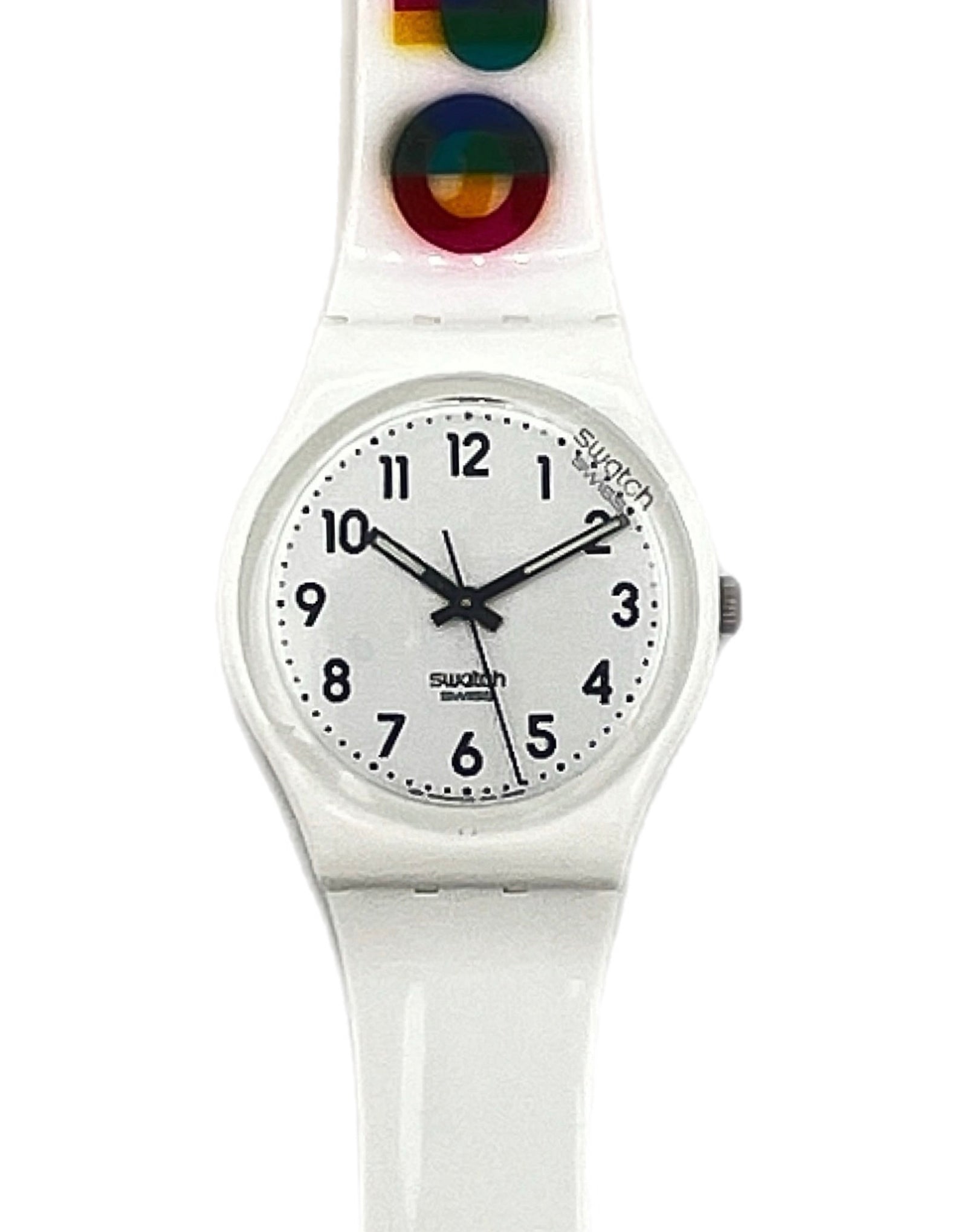 White Swatch watch with colorful band on a white background