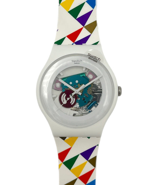 Swatch watch with a colorful geometric pattern on the strap against a white background