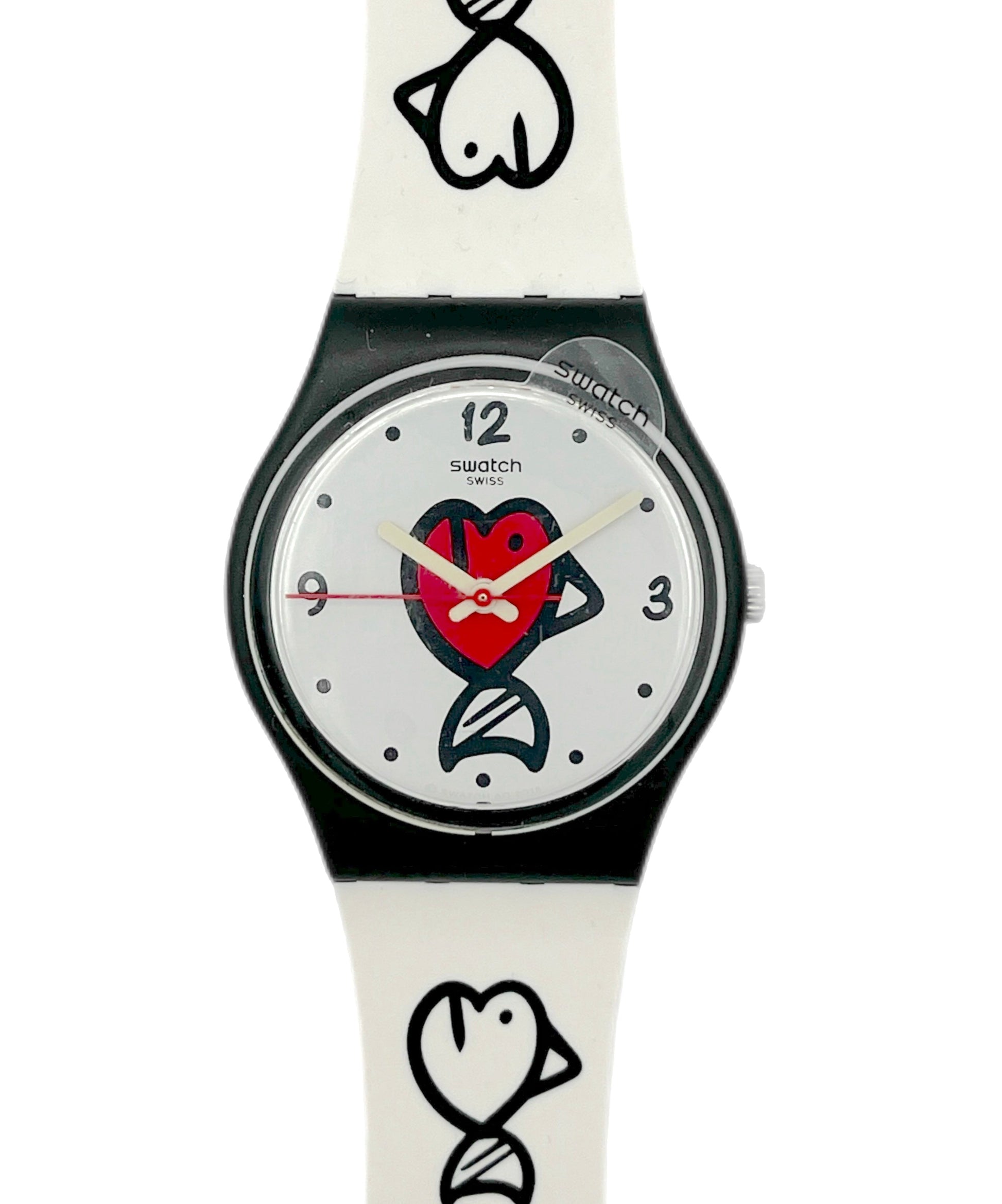 Swatch watch with a white strap and black and red design on the dial against a white background