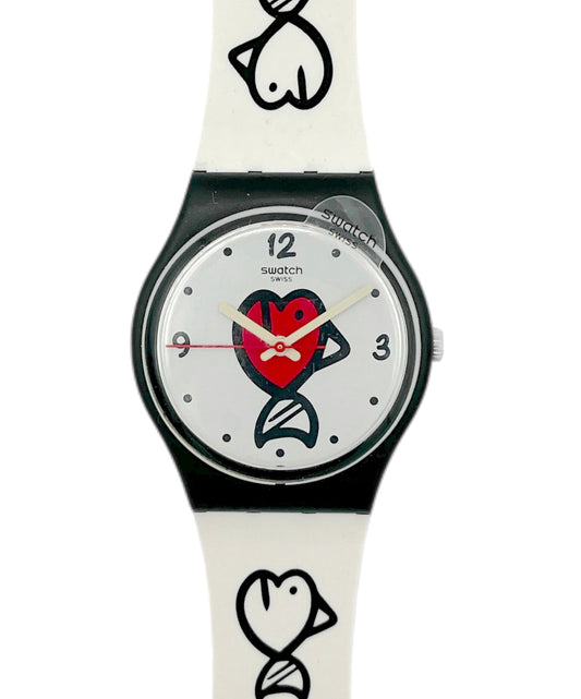 Swatch watch with a white strap and black and red design on the dial against a white background