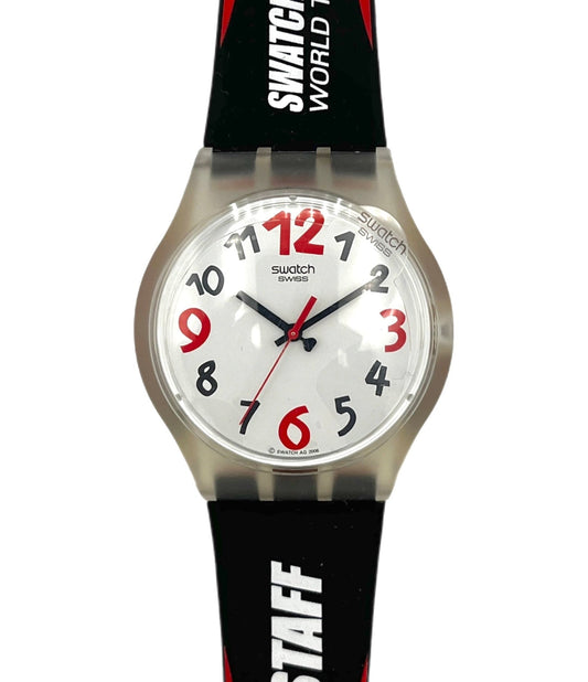 Swatch watch with black strap and visible brand logos on a white background