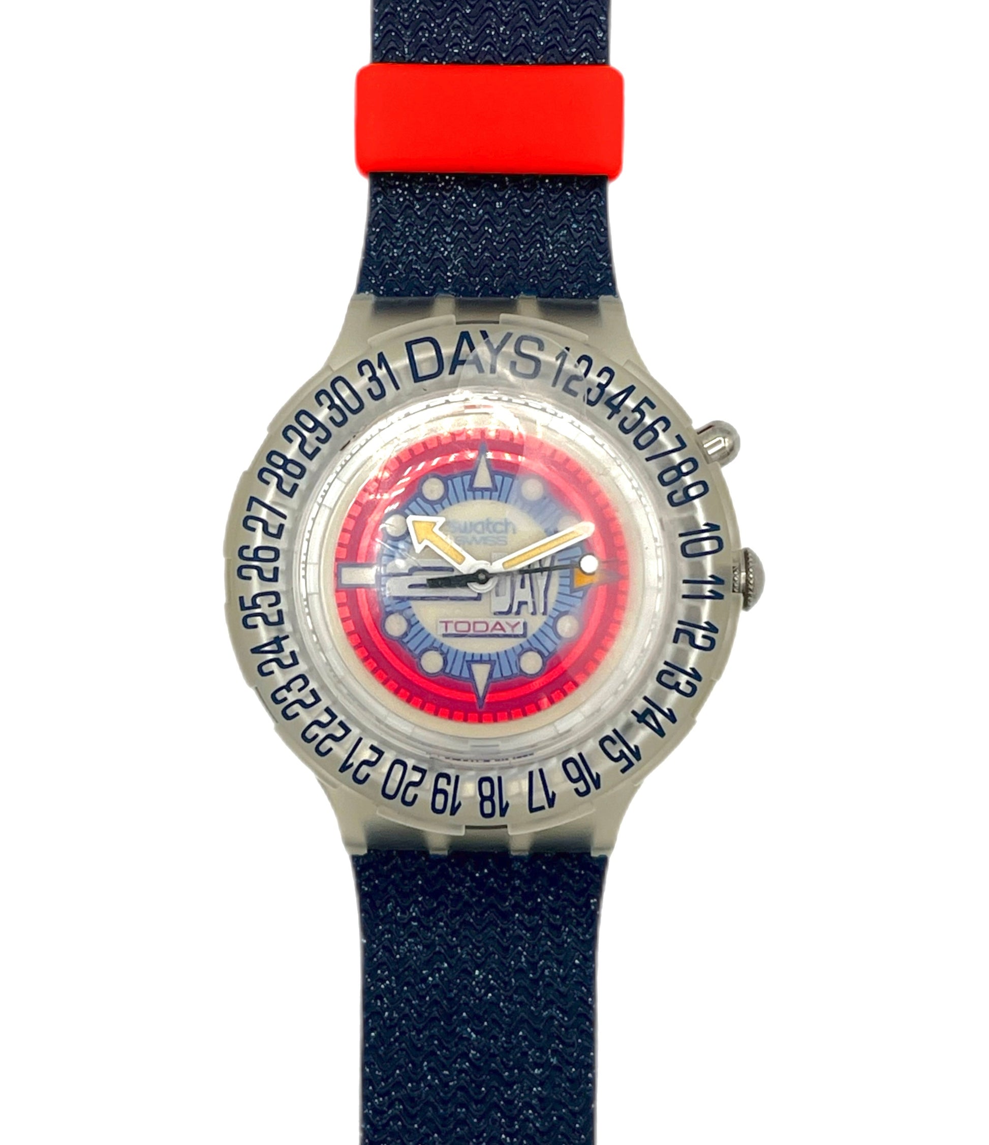 Wristwatch with a blue strap and red accent on a white background