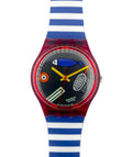 Watch with a blue and white striped strap and colorful face on a white background