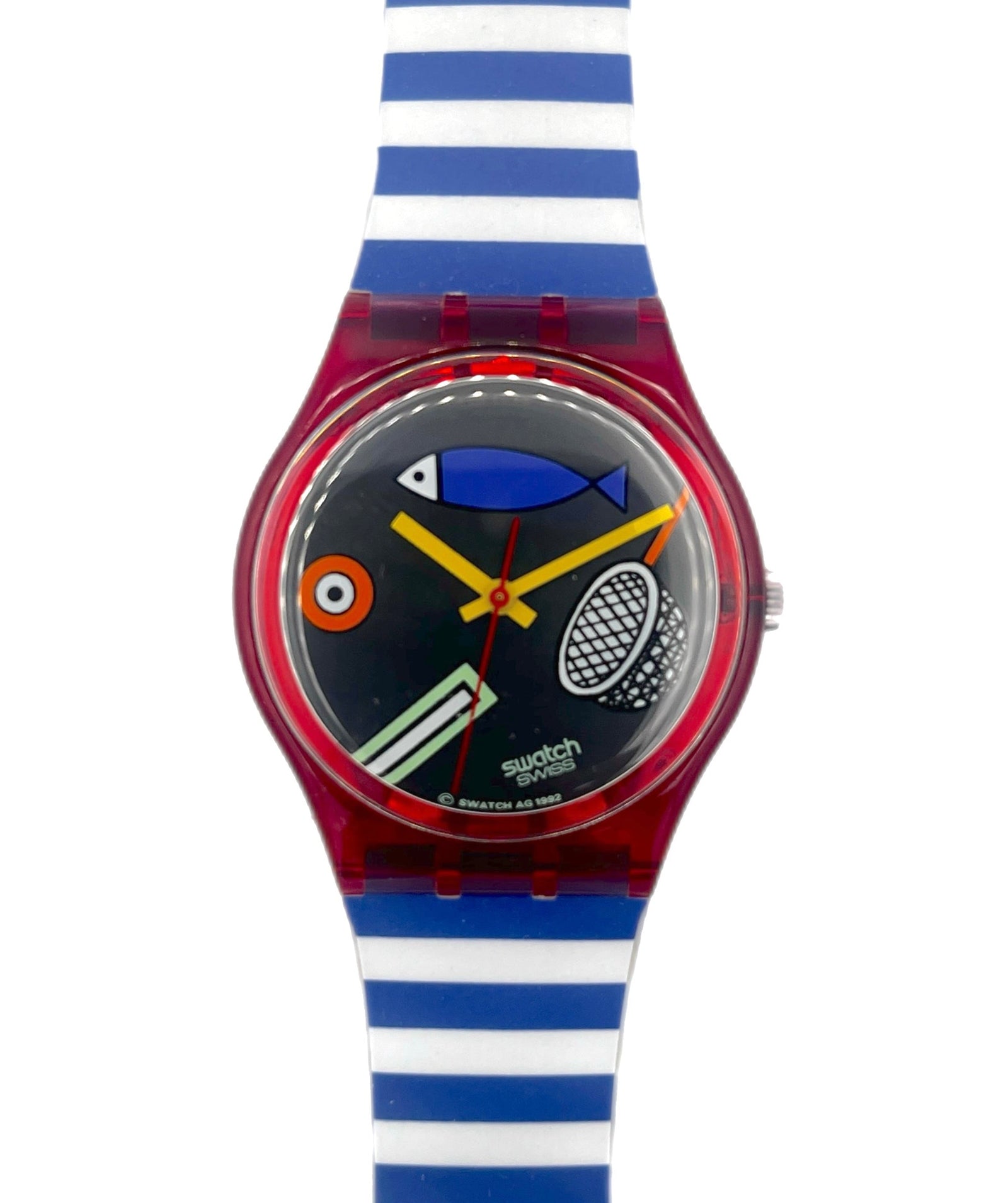 Watch with a blue and white striped strap and colorful face on a white background