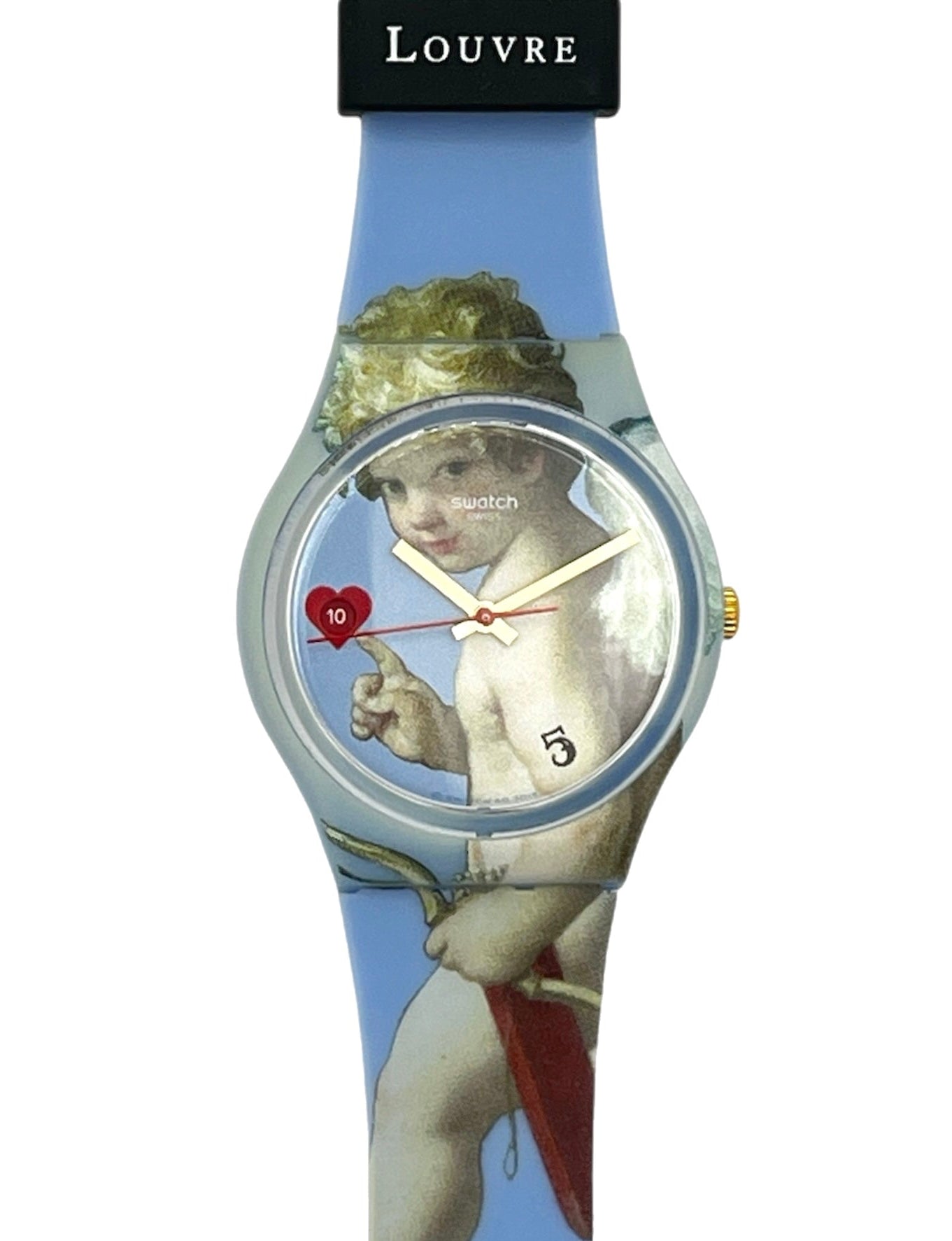 A Swatch Louvre watch featuring a light blue silicone strap printed with a classical painting of a cupid, a silver-tone round case, and a black buckle with the brand name 'LOUVRE' in white.