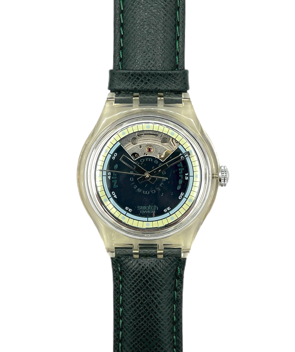 Swatch watch with black strap and detailed face on a white background