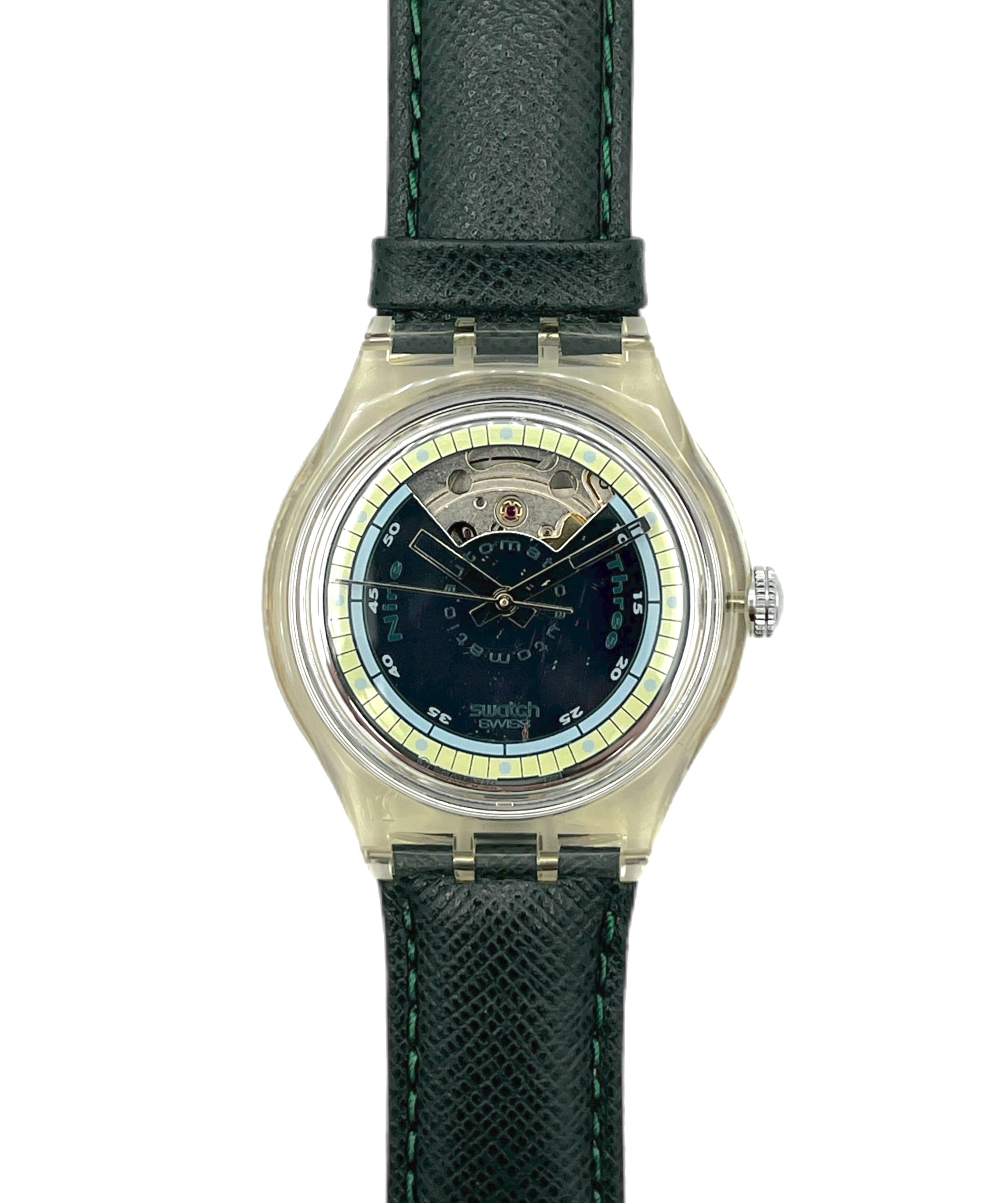 Swatch watch with black strap and detailed face on a white background