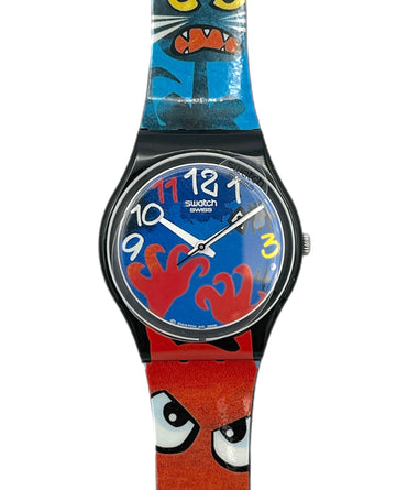 Swatch watch with a colorful, cartoon-like design on a white background