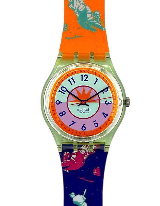 Colorful Swatch watch with a unique design on the strap against a white background
