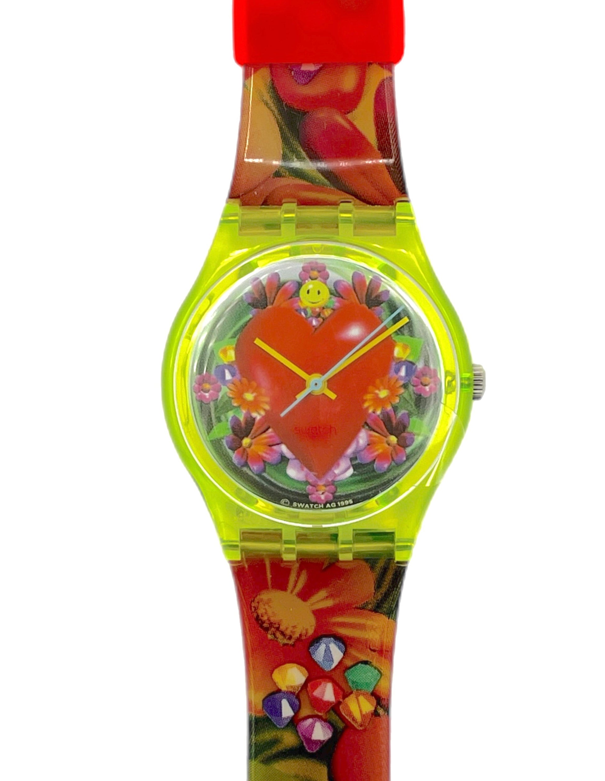 Colorful watch with a heart design on a white background