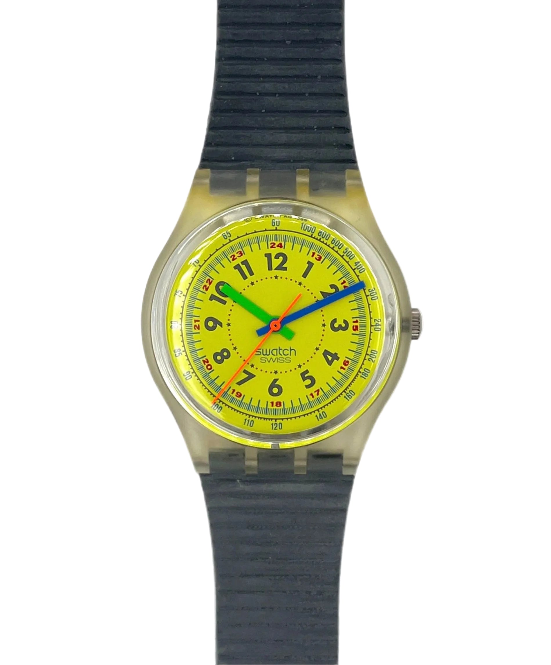 Wristwatch with a yellow dial and blue and red accents on a white background