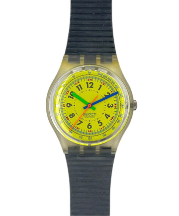 Wristwatch with a yellow dial and blue and red accents on a white background