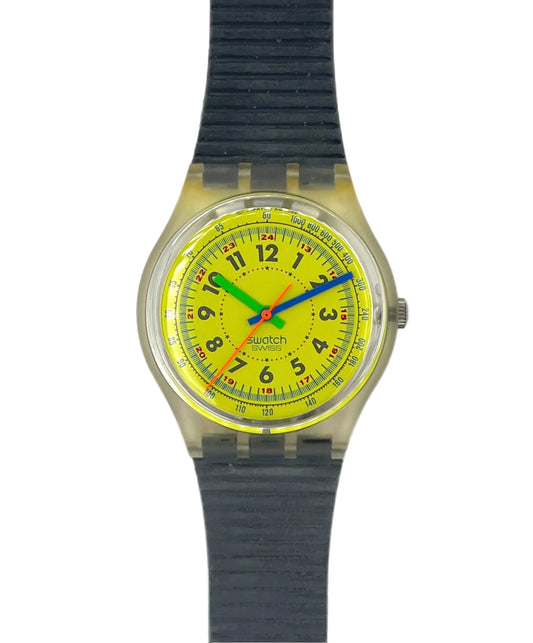 Wristwatch with a yellow dial and blue and red accents on a white background