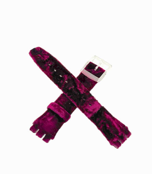 Purple and black checkered watch strap on a white background