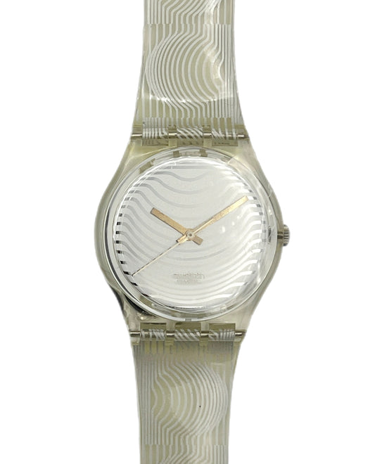 Silver watch with a textured strap on a white background