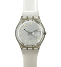 Swatch watch with a clear strap on a white background