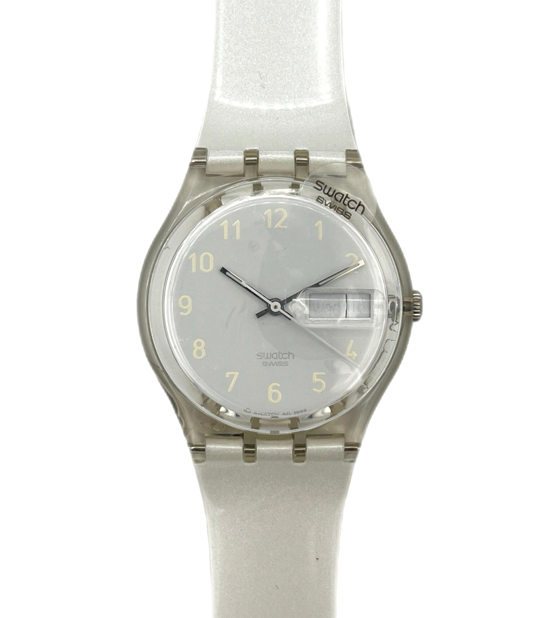 Swatch watch with a clear strap on a white background
