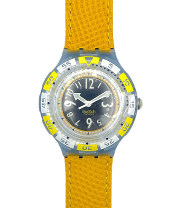 Swatch watch with yellow strap and blue case on a white background