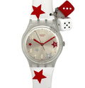 Swatch watch with red star pattern on strap and dice charm on white background