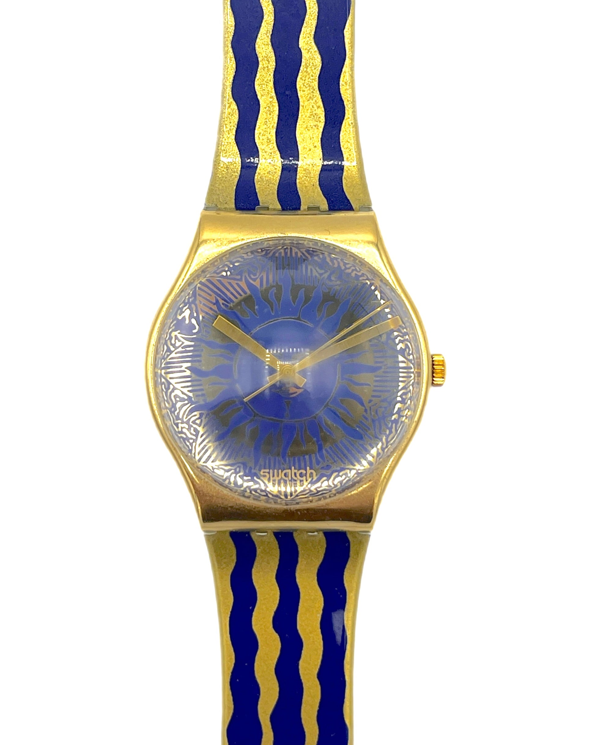 Gold watch with blue and yellow striped strap on a white background