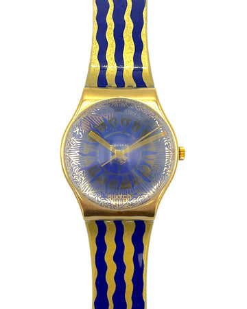 Gold watch with blue and yellow striped strap on a white background