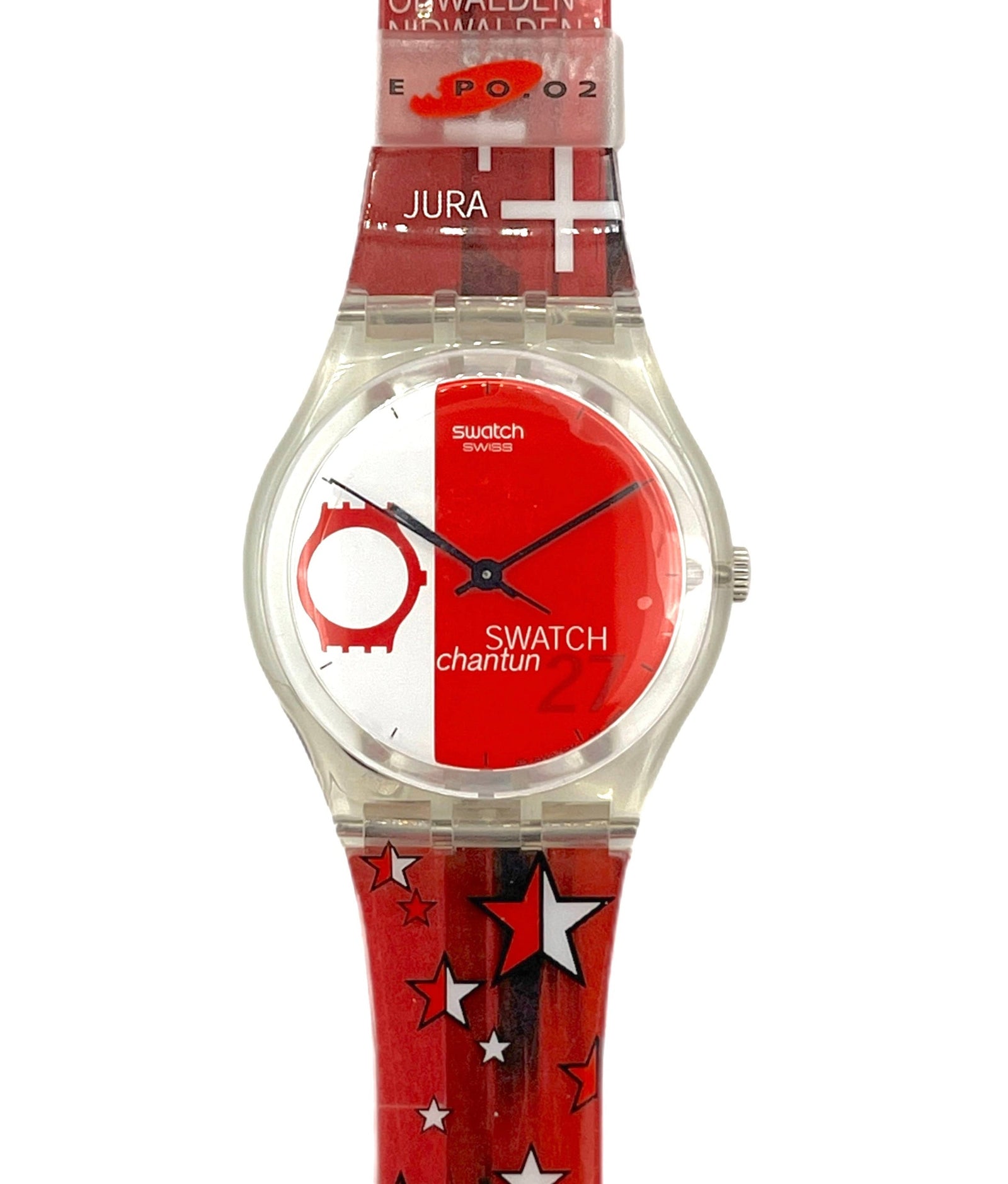 Swatch watch with red face and star-patterned strap on a white background